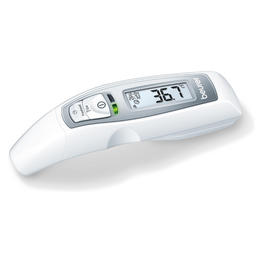 Das Beurer Multifunktions-Thermometer mit 7-in-1-Funktion FT 70 ist ein elegantes weißes digitales Thermometer mit einem LCD-Bildschirm, der eine Messung von 36,7 °C anzeigt. Es verfügt über Tasten zum Einstellen und Umschalten der Modi und nutzt Infrarot-Messtechnik für präzise Messungen. Der Markenname „Beurer“ ist elegant an der Seite angebracht.