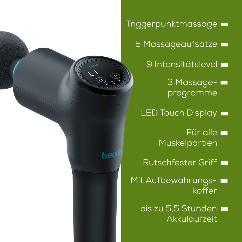 Hier ist der überarbeitete Satz:
Ein Bild der Beurer Muskelmassagegerät MG 185 Massage Gun mit einer Beschreibungsüberlagerung auf grünem Hintergrund. Beschreibungen auf Deutsch enthalten Details wie Triggerpunktmassage, 5 Massageaufsätze, 9 Intensitätsstufen, 3 Massageprogramme, LED-Touch-Display, rutschfester Griff, Aufbewahrungskoffer und bis zu 5,5 Stunden Akkulaufzeit für ultimative Muskelentspannung.
