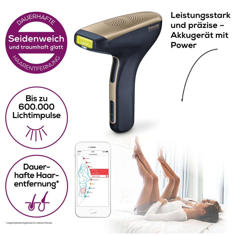 Wir stellen vor: Beurer dauerhafte Haarentfernung IPL VelvetSkinPro Black, ein IPL-Haarentfernungsgerät der Beurer GmbH, das dauerhafte Haarentfernung verspricht. Mit bis zu 600.000 Lichtimpulsen liefert er kraftvolle und präzise Leistung. Das Bild unten zeigt die empfohlene Anwendung an den Beinen und der Bikinizone.