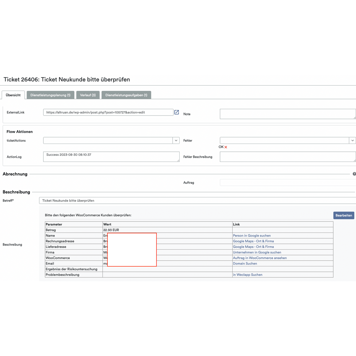 Screenshot of the interface of a ticket system of a cloud service displaying various fields such as "ticket details," "journal," and "customer," with information about a transaction, including item costs, highlighted in a red field. OrderGuardian by Altruan is used.