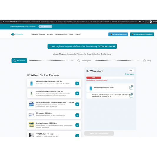 Screenshot einer deutschen Online-Einkaufswagen-Webseite, auf der Produkte wie Desinfektionslösung, eine Art Maske und Altruan CareBox Inco angezeigt werden. Auf der Seite sind Produktmengen und Preise angegeben.