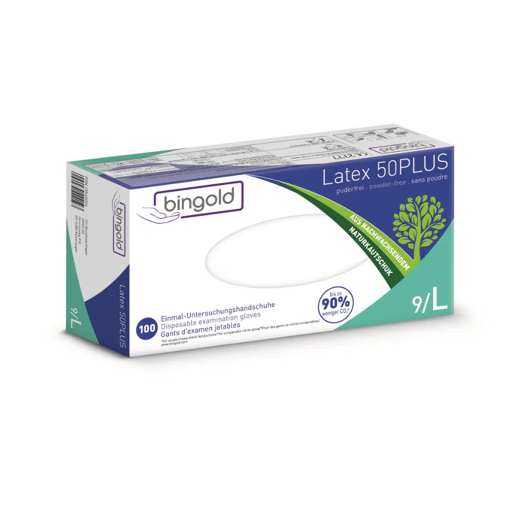 Abgebildet ist eine Schachtel Bingold Latex 50PLUS Latexhandschuhe von BINGOLD GmbH + Co. KG, perfekt für den Laborgebrauch. Die weiße Verpackung weist grüne und blaue Akzente auf und enthält 100 Einweghandschuhe mit der Aufschrift Größe 9/L.