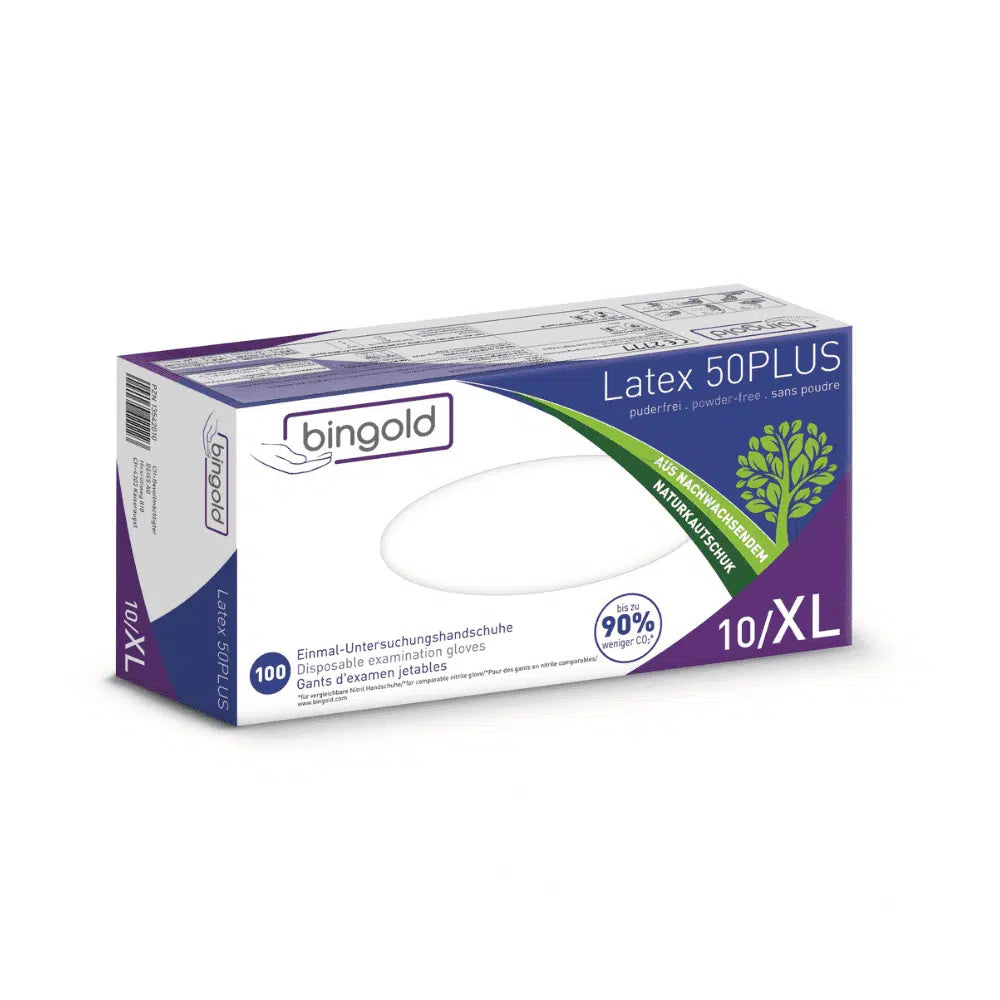 Box mit Bingold Latex 50PLUS Handschuhen in Größe XL, perfekt für den Laboreinsatz. Die Verpackung ist hauptsächlich weiß mit violetten und grünen Akzenten und zeigt eine Blattgrafik als Hinweis auf den Naturkautschukanteil. Enthält 10 Handschuhe von BINGOLD GmbH + Co. KG.
