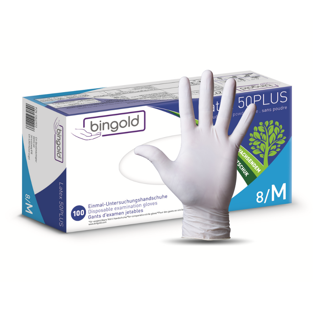 Eine Schachtel Bingold Latex 50PLUS Latexhandschuhe, hergestellt von BINGOLD GmbH + Co. KG, wird als perfekt für den Laborgebrauch dargestellt. Sie ist hauptsächlich weiß mit Akzenten in Blau und Grün und zeigt das Bild einer behandschuhten Hand. Größe 8/M ist angegeben und enthält 100 Handschuhe zum Schutz vor chemischen Gefahren.