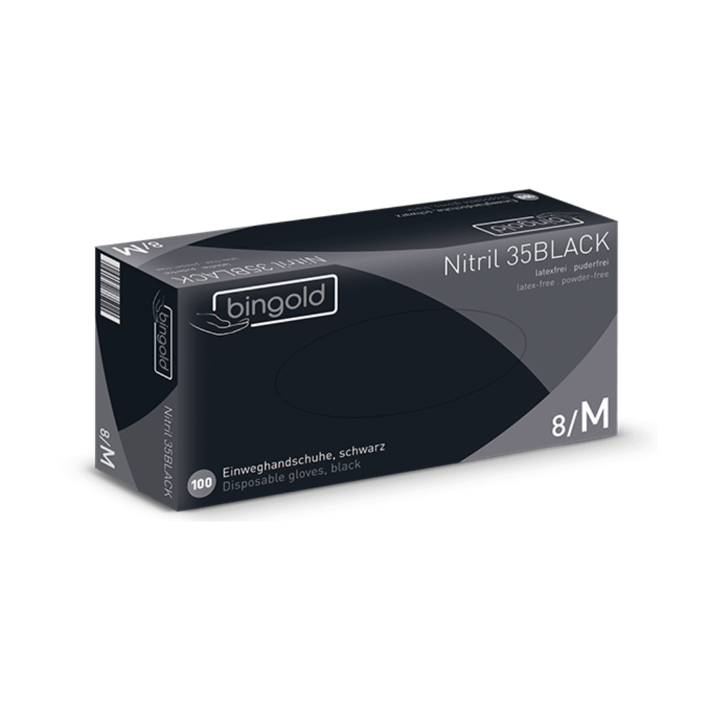 Eine Schachtel Bingold Nitril 35BLACK Schwarze Nitril Handschuhe, ein Produkt der BINGOLD GmbH + Co. KG, wird präsentiert. Diese mittelgroßen Handschuhe sind ideal für Hygienebereiche, latex- und puderfrei und mit mehrsprachigem Text auf der Verpackung versehen.