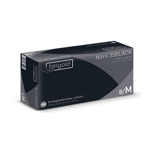 Eine Schachtel Bingold Nitril 35BLACK Schwarze Nitril Handschuhe, ein Produkt der BINGOLD GmbH + Co. KG, wird präsentiert. Diese mittelgroßen Handschuhe sind ideal für Hygienebereiche, latex- und puderfrei und mit mehrsprachigem Text auf der Verpackung versehen.