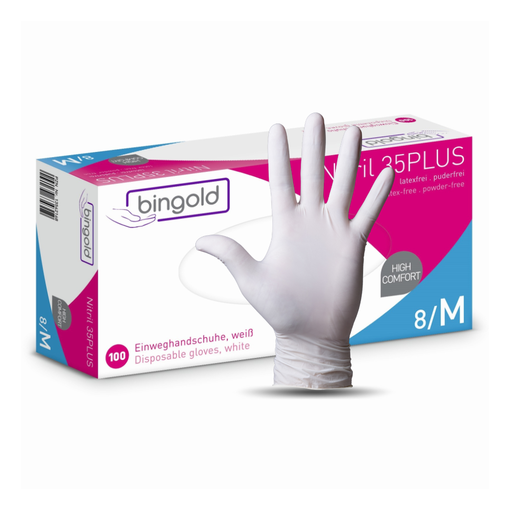 Eine Schachtel Bingold Nitril 35PLUS Nitril Handschuhe der BINGOLD GmbH + Co. KG, Größe 8/M, enthält 100 weiße, puder- und latexfreie Handschuhe – geeignet für Hygienebereiche und zum Schutz vor chemischen Gefahren.
