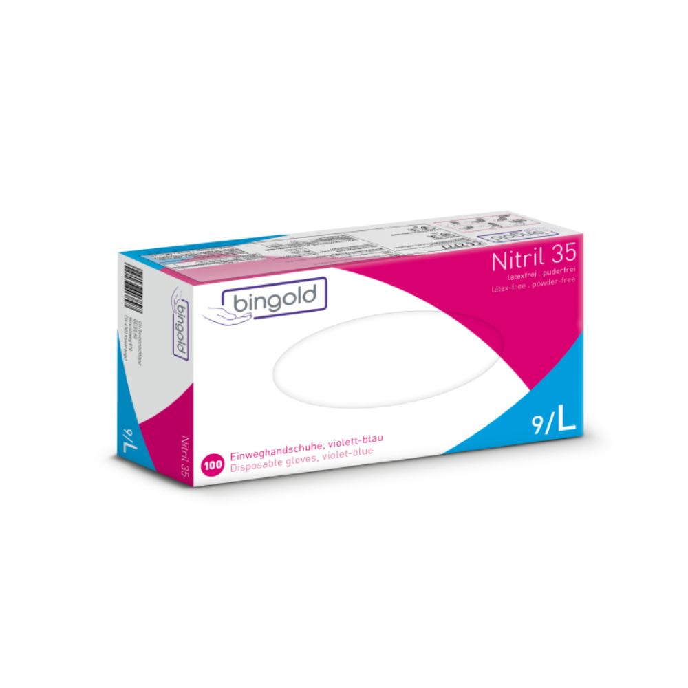 Eine Schachtel Bingold Nitril 35 Einweghandschuhe puderfrei von BINGOLD GmbH + Co. KG in violett-blau bietet Schutz vor chemischen Gefahren. Größe groß (9/L), beinhaltet 100 Handschuhe. Die Verpackung ist weiß mit rosa und blauen Akzenten und ausführlichen Produktinformationen.