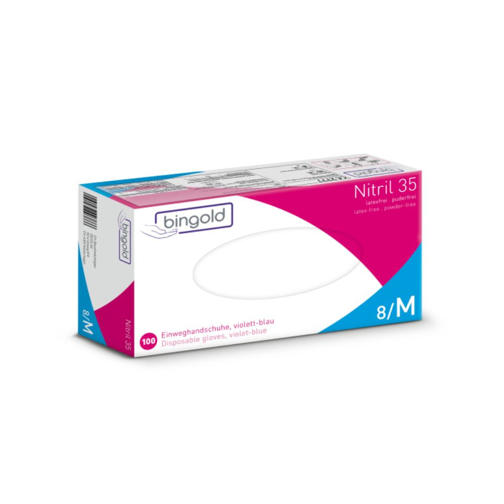 Eine Packung Bingold Nitril 35 Einweghandschuhe puderfrei der BINGOLD GmbH + Co. KG, Größe 8/M, enthält 100 violettblaue Nitrilhandschuhe. Die Verpackung enthält deutsche und englische Produktinformationen mit einem Farbcodestreifen zur schnellen Identifizierung gegen chemische Gefahren.