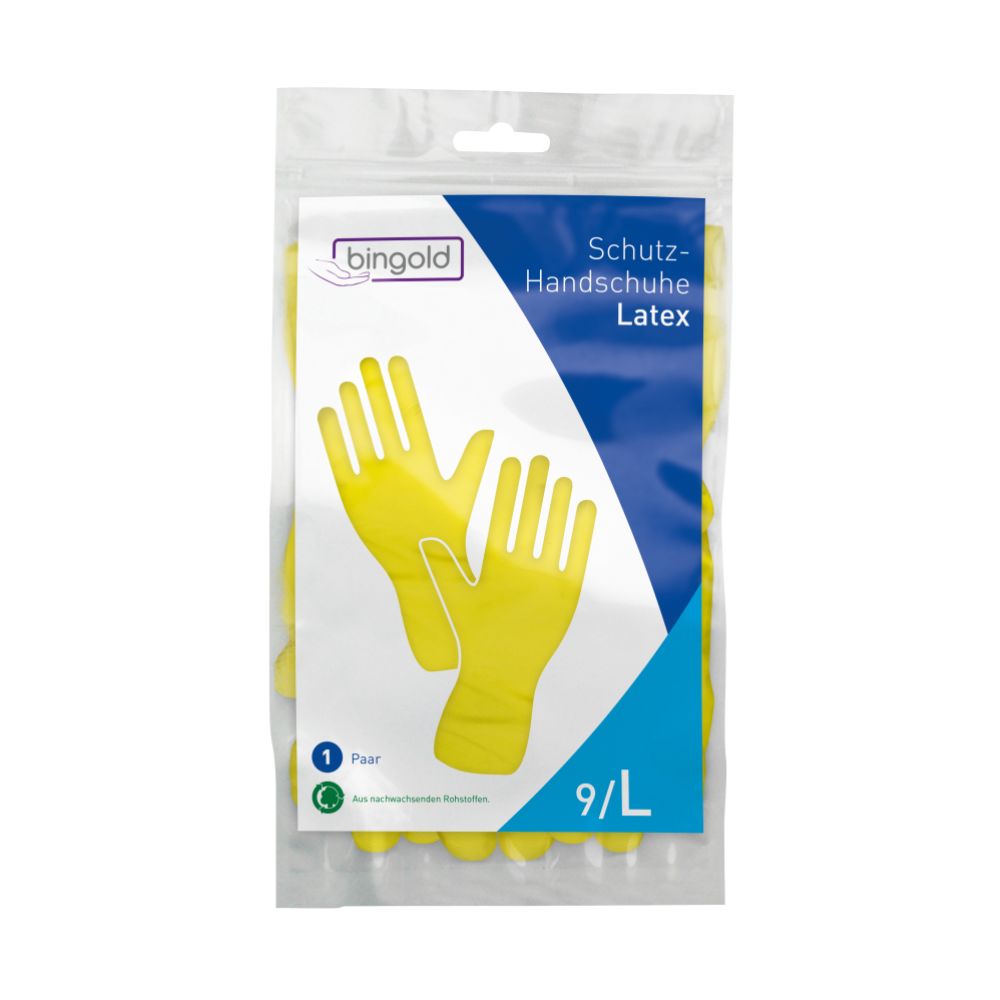 Die Verpackung für Bingold Schutzhandschuhe Latex 45, Gelb von BINGOLD GmbH + Co. KG zeigt ein Bild von gelben Latexhandschuhen mit deutschem Branding und Details. Sie ist für den professionellen Reinigungseinsatz konzipiert, umfasst die Handschuhgröße 9/L und enthält ein Paar.