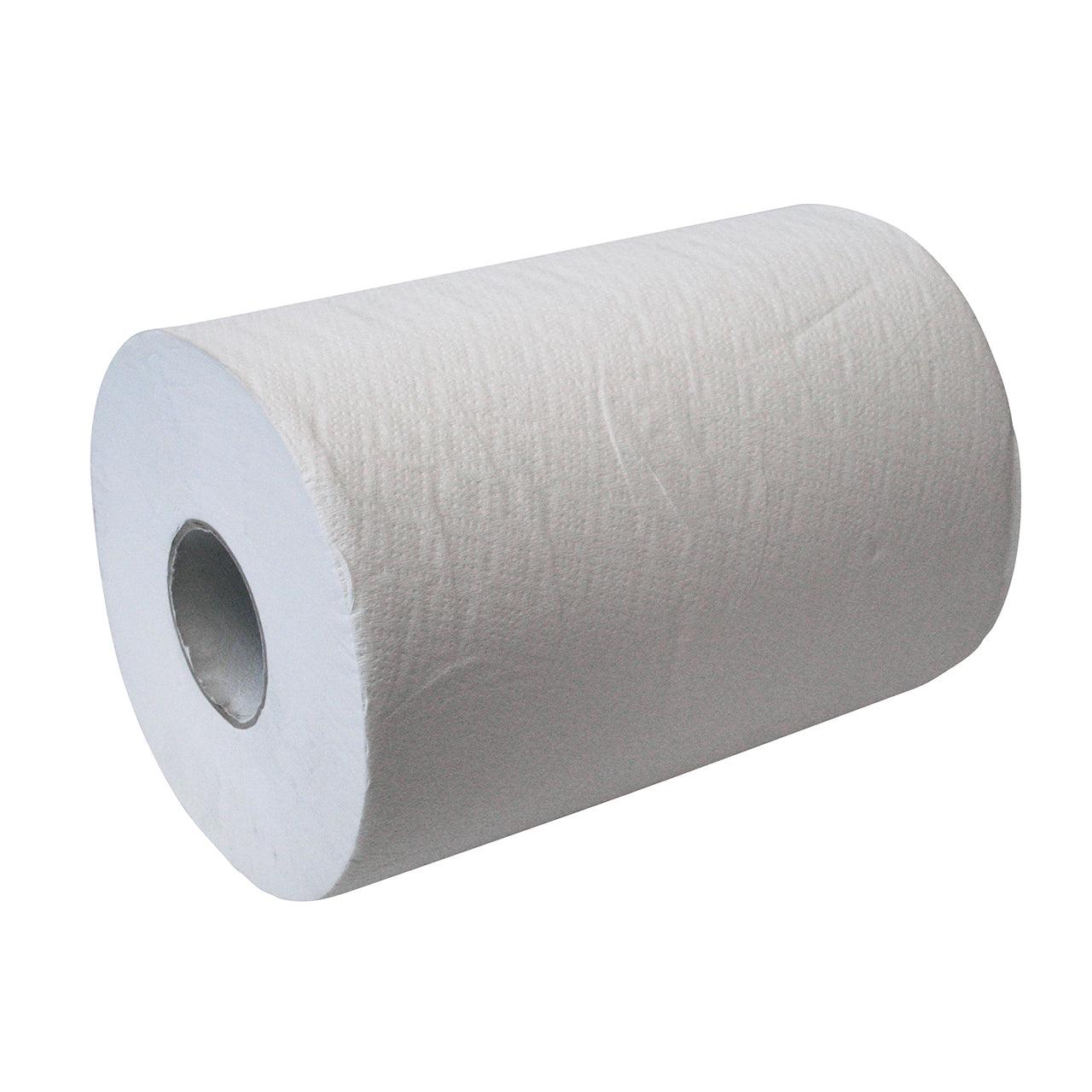 Eine große weiße CWS Papierhandtuchrolle 3lagig, unperforiert mit einer sichtbaren Papphülse in der Mitte, abgebildet vor einem schlichten weißen Hintergrund.
