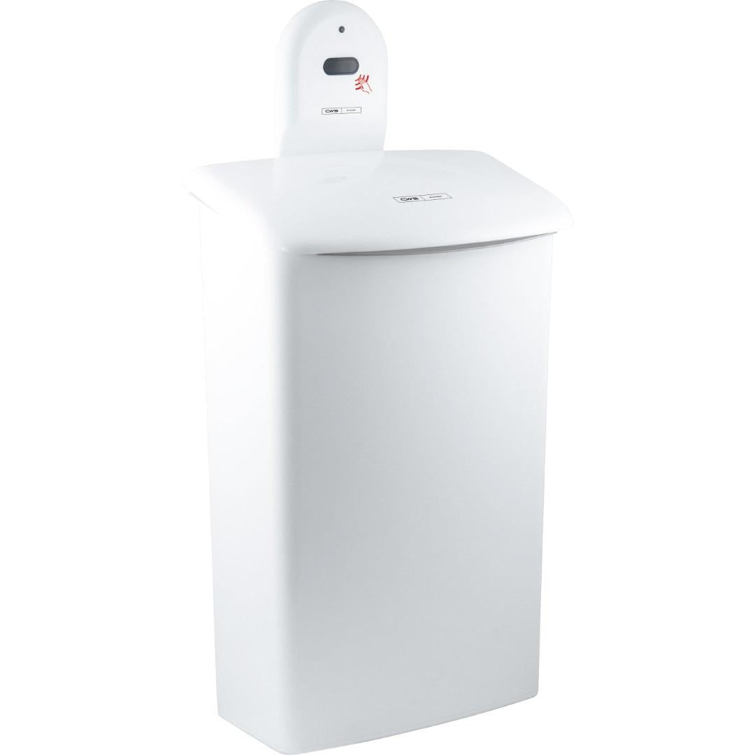 Die CWS ParadiseLine Wandhalterung zu Hygienebox 575000 ist ein weißer, rechteckiger, berührungsloser Mülleimer mit gewölbtem Deckel und automatischem Sensor über der Öffnung, der über einen kleinen schwarzen Bildschirm und eine rote Kontrollleuchte verfügt.