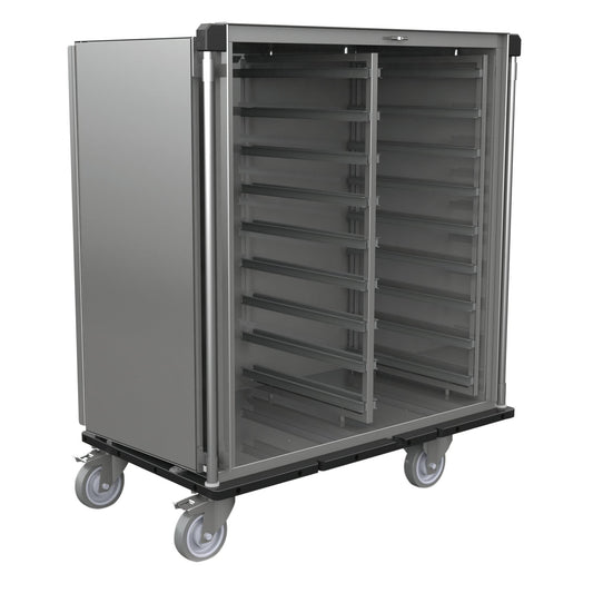 Der Novocal Sterilgut-Transportwagen verfügt über ein Gehäuse aus satiniertem Edelstahl, mehrere Regalschienen für Module, vier feststellbare Lenkrollen und eine offene Vorderseite für den einfachen Tabletttransport in Großküchen oder im Foodservice.