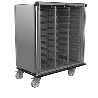 Der Novocal Sterilgut-Transportwagen aus satiniertem Edelstahl verfügt über mehrere Auflageschienen für Module, vier Lenkrollen und eine offene Front für leichten Zugriff auf Ihre Tablets.