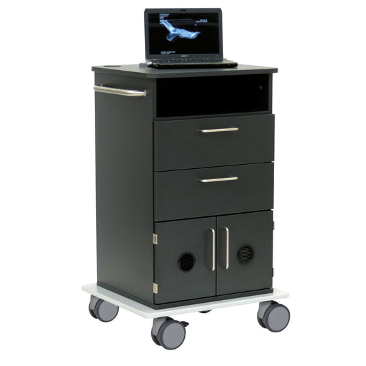 Der Novocal Computerwagen Modell II verfügt über ein robustes Vollkunststoffgehäuse, drei Schubladen, zwei untere Schranktüren, einen Seitengriff und vier große Räder. Auf diesem vielseitigen Novocal-Produkt befindet sich ein Laptop mit einem Röntgenbild.
