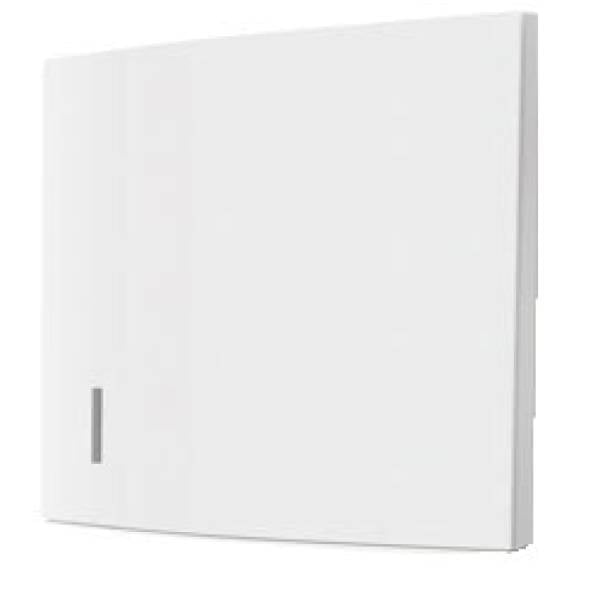 Das CWS Frontpanel für Faltpapierhandtuchspender Paper Slim ist ein schlichtes, rechteckiges weißes Panel mit einem kleinen vertikalen Schlitz unten links, dargestellt aus einer schrägen Perspektive.
