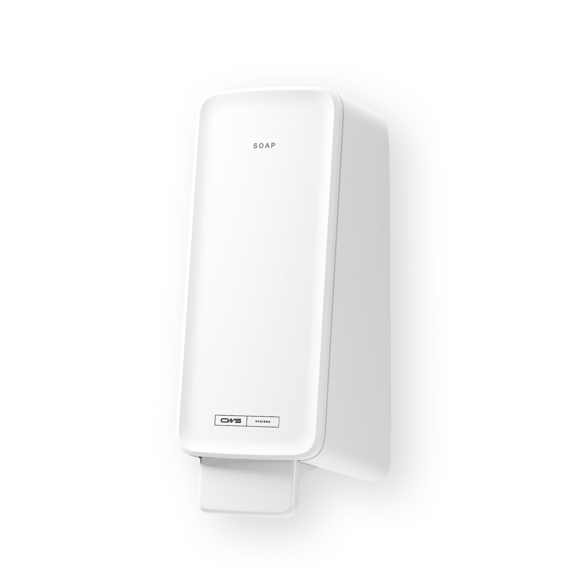 Der CWS PureLine Foam Seifenspender ist ein weißer, wandmontierter Seifenspender mit rechteckigem Design, unterem Druckhebel und "SOAP"-Etikett auf der Vorderseite. Er verbindet den modernen Stil und die Nachhaltigkeit der Marke CWS.