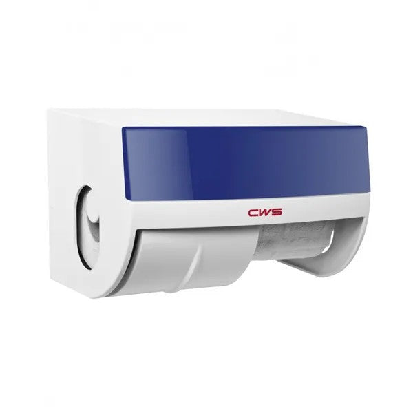 Der wandmontierte CWS Frontpanel für Paradise Toilettenpapierspender von CWS hat einen weißen Korpus, eine blaue, durchscheinende Frontplatte, eine sichtbare Rolle im Inneren und trägt das rote "CWS" Logo auf der Vorderseite.