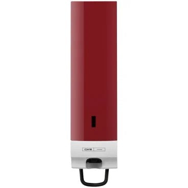 Der CWS Frontpanel für Seifenschaumspender Foam Slim Non-Touch ist ein rot-weißer, wandmontierter Seifenschaumspender mit einem sichtbaren Druckhebel an der Unterseite zur einfachen Entnahme.