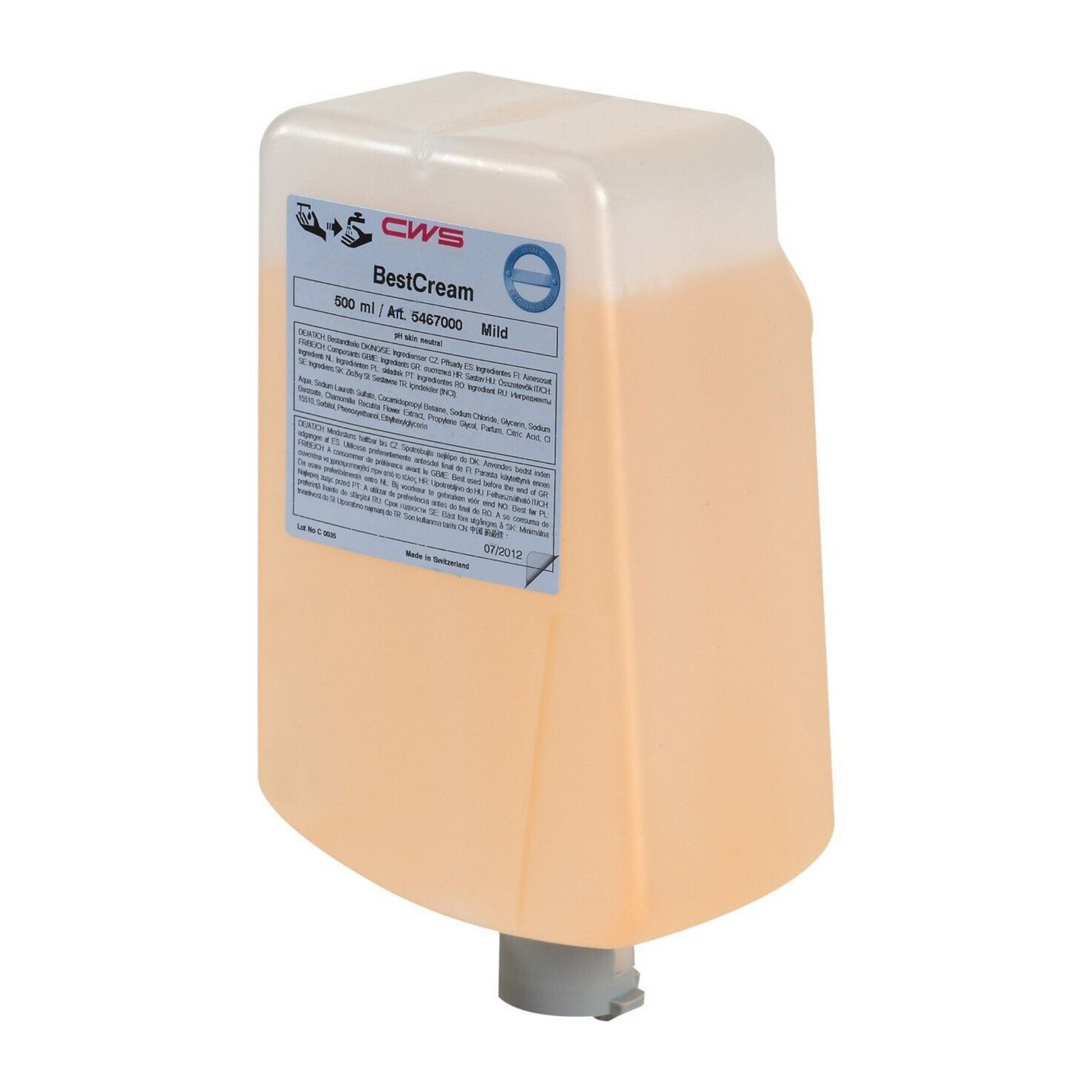 Die CWS Seifencreme BestCream Mild wird in einem 500-ml-Nachfüllpack zum einfachen Nachfüllen geliefert, mit praktischer Dosierdüse an der Unterseite und einem klaren Etikett für Anweisungen und Produktdetails.