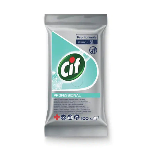 Eine Packung Cif Professional Allweck-Reinigungstücher der Marke Diversey Deutschland GmbH & Co. OHG trägt das erkennbare Cif-Logo mit der Aufschrift „Professional“ darunter. Diese wiederverschließbare Packung mit erfrischendem Zitronenduft enthält 100 feuchte Einmal-Reinigungstücher, die sich perfekt für wasserfeste Oberflächen eignen, mit Symbolen, die ihre vielseitigen Einsatzmöglichkeiten und Eigenschaften veranschaulichen.