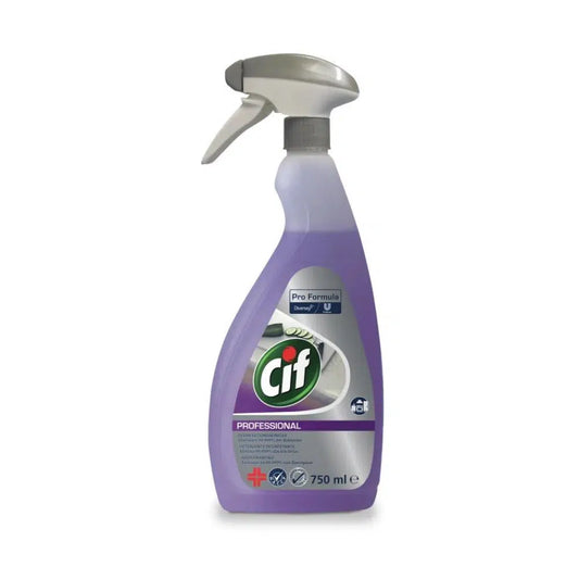 Eine 750 ml Flasche Cif Professional Desinfektionsreiniger 2in1 von Diversey Deutschland GmbH & Co. OHG, ausgestattet mit einer Sprühdüse. Die violette Flasche, verziert mit dem Cif-Logo, ist für den Küchen- & Lebensmittelbereich bestimmt und unterstreicht ihre Pro-Formel mit Symbolen, die auf professionelle Verwendung und Sicherheitsvorkehrungen hinweisen.