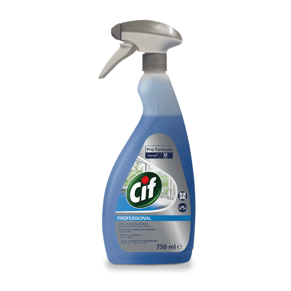 Eine blaue Sprühflasche mit der Aufschrift Diversey Deutschland GmbH & Co. OHG und grauer Düse enthält 750 ml Cif Professional Glas- und Universalreiniger. Das Etikett hebt Marke, Produktdetails und Füllmenge hervor und sorgt so für streifenfreie Sauberkeit bei allen Reinigungsarbeiten.