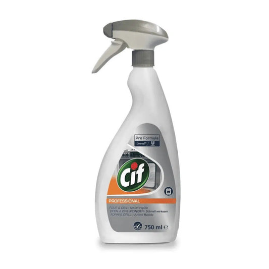 Eine 750 ml Flasche Cif Professional Ofen- und Grillreiniger von Diversey Deutschland GmbH & Co. OHG. Die weiße Flasche mit grauer Sprühdüse trägt ein Etikett mit einem sauberen Ofen und Grill, das die Wirksamkeit des Reinigers beim Entfernen von Fett und Reinigen von Küchengeräten betont.