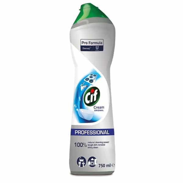 Die 750-ml-Flasche Professinal Scheuermilch der Diversey Deutschland GmbH & Co. OHG hat einen weißen Korpus, einen grünen Verschluss und ein blaues Etikett. Diese Originalformel bietet kraftvolle Reinigungsleistung für den professionellen Einsatz.