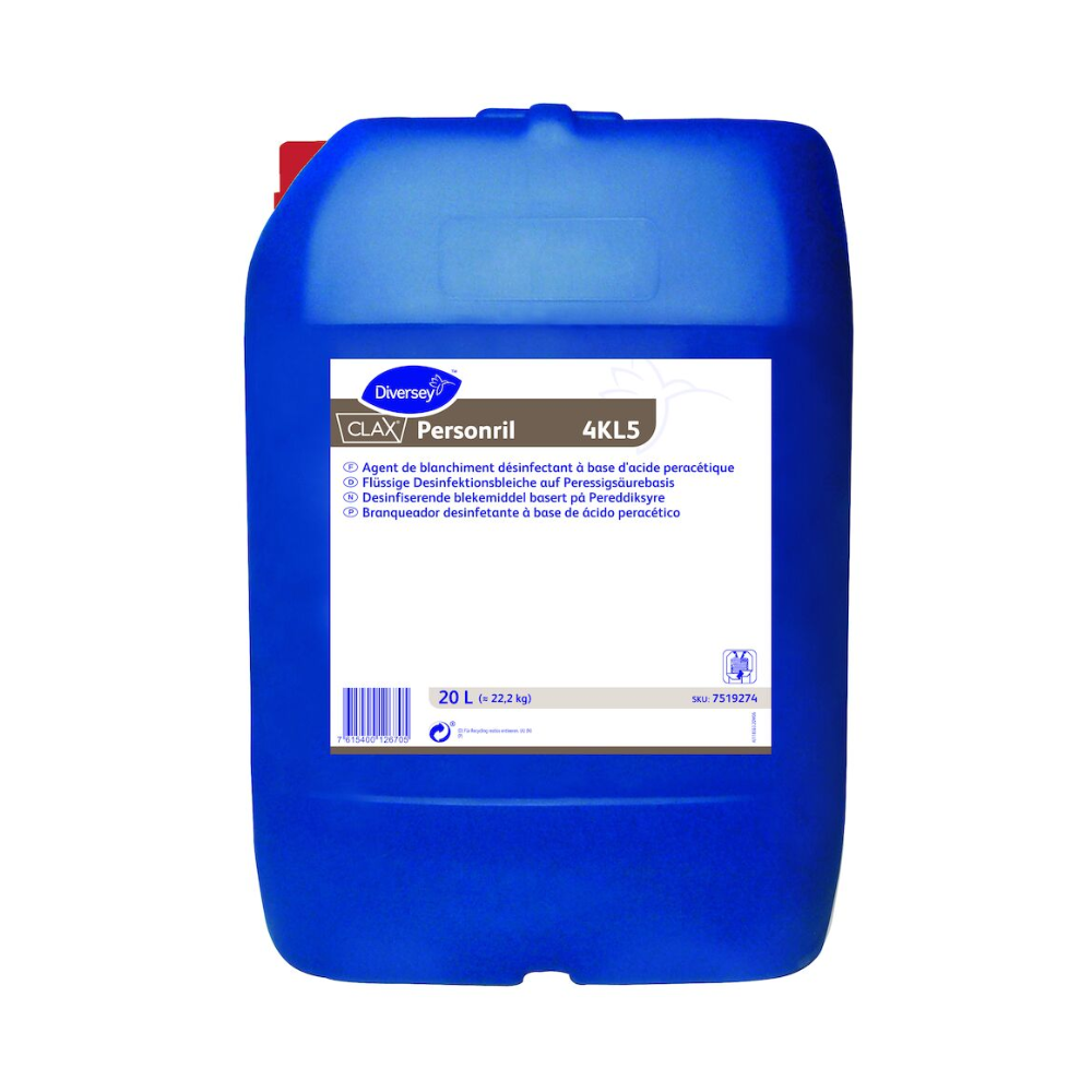 Ein 20-Liter-Behälter mit „Clax Personril 4KL5“ von Diversey Deutschland GmbH & Co. OHG in Blau, mit einem Etikett, das es als Bleich- und Desinfektionsmittel auf Peressigsäurebasis beschreibt, ideal für die Verwendung in der Wäscherei. Produktcode: 7516221.