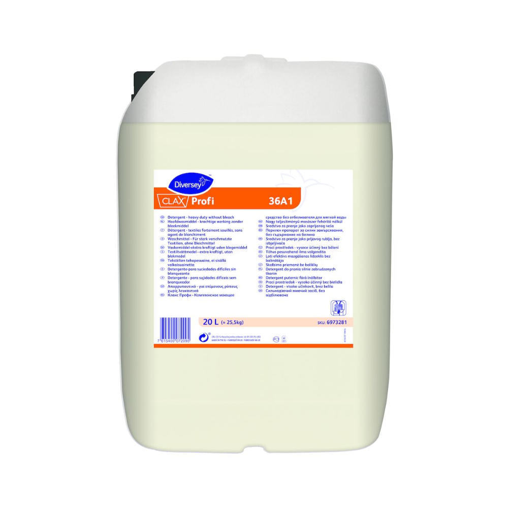 Der weiße Kunststoffbehälter trägt das Label „Clax Profi 36A1“ der Diversey Deutschland GmbH & Co. OHG in blau-orangem Design. Dieses Alleinwaschmittel für Weichwasser verfügt über ausführliche Produktinformationen in mehreren Sprachen und enthält 20 Liter Flüssigkeit, ideal für leicht bis mittel verschmutzte Textilien.