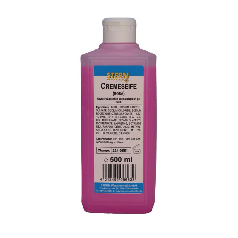 Eine 500-ml-Plastikflasche STERN Cremeseife rosa Flüssigseife der Stern Waschmittel GmbH, mit weißem Klappdeckel. Etikett mit Inhaltsstoffen, Gebrauchsanweisung, Kontaktinformationen und Barcode. Sanfte Pflege - für alle Hauttypen geeignet.