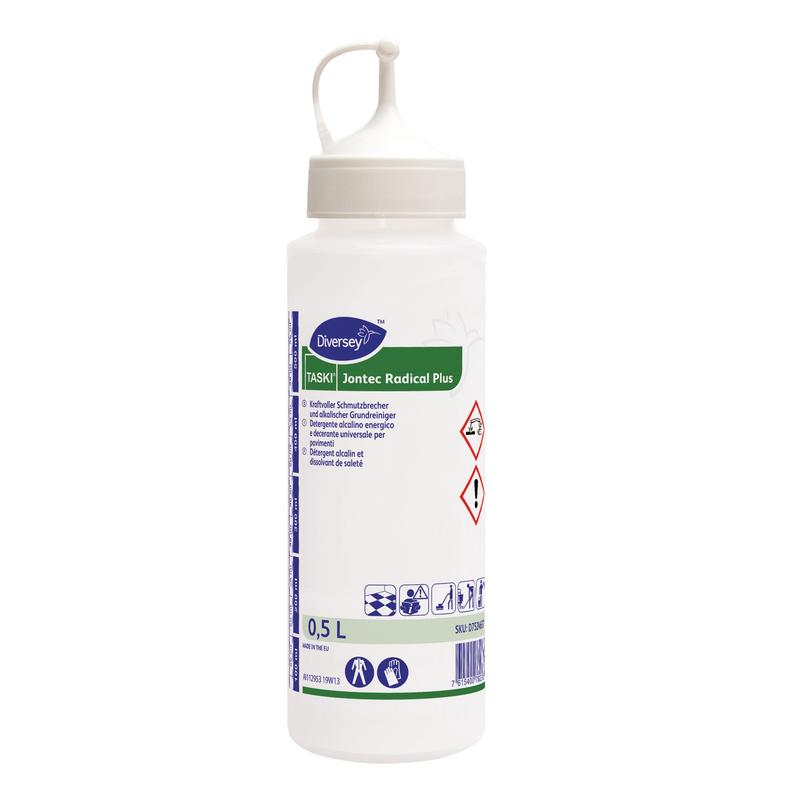 Eine 0,5L Dosierflasche Jontec Radical Plus von Diversey Deutschland GmbH & Co. OHG mit Düsenkappe zur präzisen Dosierung; Etikett mit Sicherheitssymbolen, ausführlichen Informationen sowie den Farben grün, blau und weiß.