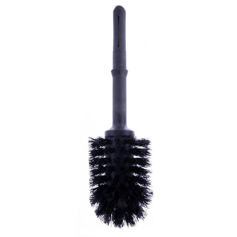 Die schwarze Ersatzbürste für die D1228921 Toilettenbürste von Diversey Deutschland GmbH & Co. OHG mit Halterung und dicht gepackten Borsten sorgt für optimale Badezimmerhygiene, präsentiert vor weißem Hintergrund. Packung (1 Stück).