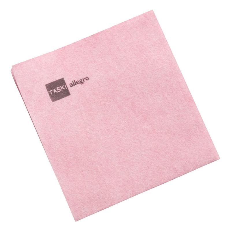 Ein einzelnes hellrosa TASKI Allegro Vliestuch von Diversey Deutschland GmbH & Co. OHG, mit "TASKI allegro" in grau in der oberen linken Ecke, auf weißem Hintergrund (50er Pack).