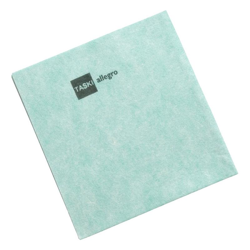 Ein hellgrünes quadratisches Reinigungstuch, TASKI Allegro Vliestuch von Diversey Deutschland GmbH & Co. OHG, mit schwarzem Aufdruck "TASKI allegro" an einer Ecke, fotografiert auf weißem Hintergrund (Packung mit 50 Stück).