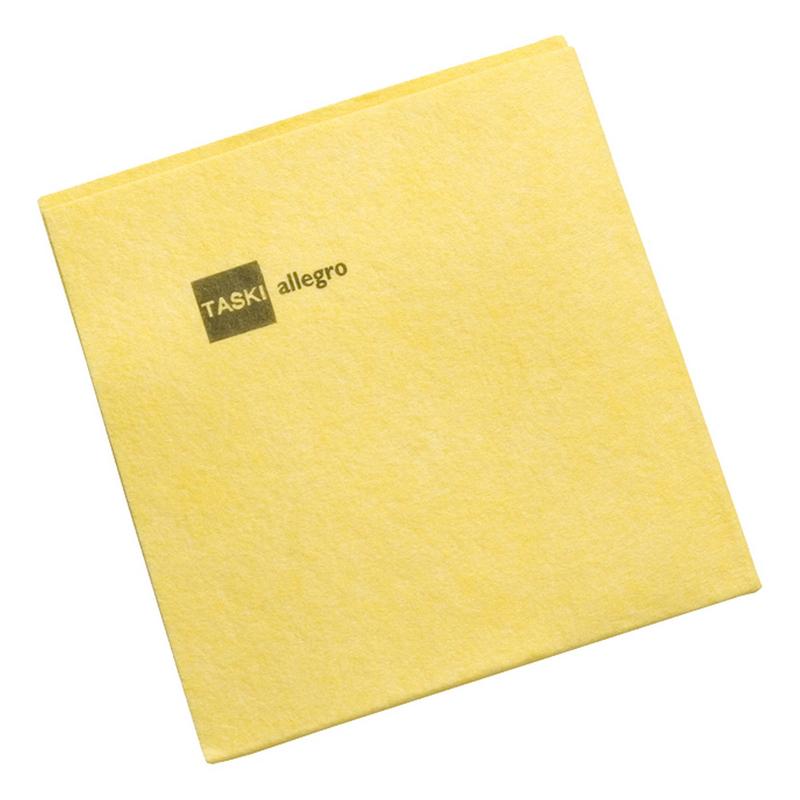 Ein sauber gefaltetes gelbes TASKI Allegro Vliestuch der Diversey Deutschland GmbH & Co. OHG, mit dem Aufdruck "TASKI allegro" auf einer Seite, abgebildet auf weißem Hintergrund. Praktisch für die effiziente Reinigung. Packung enthält 50 Tücher.