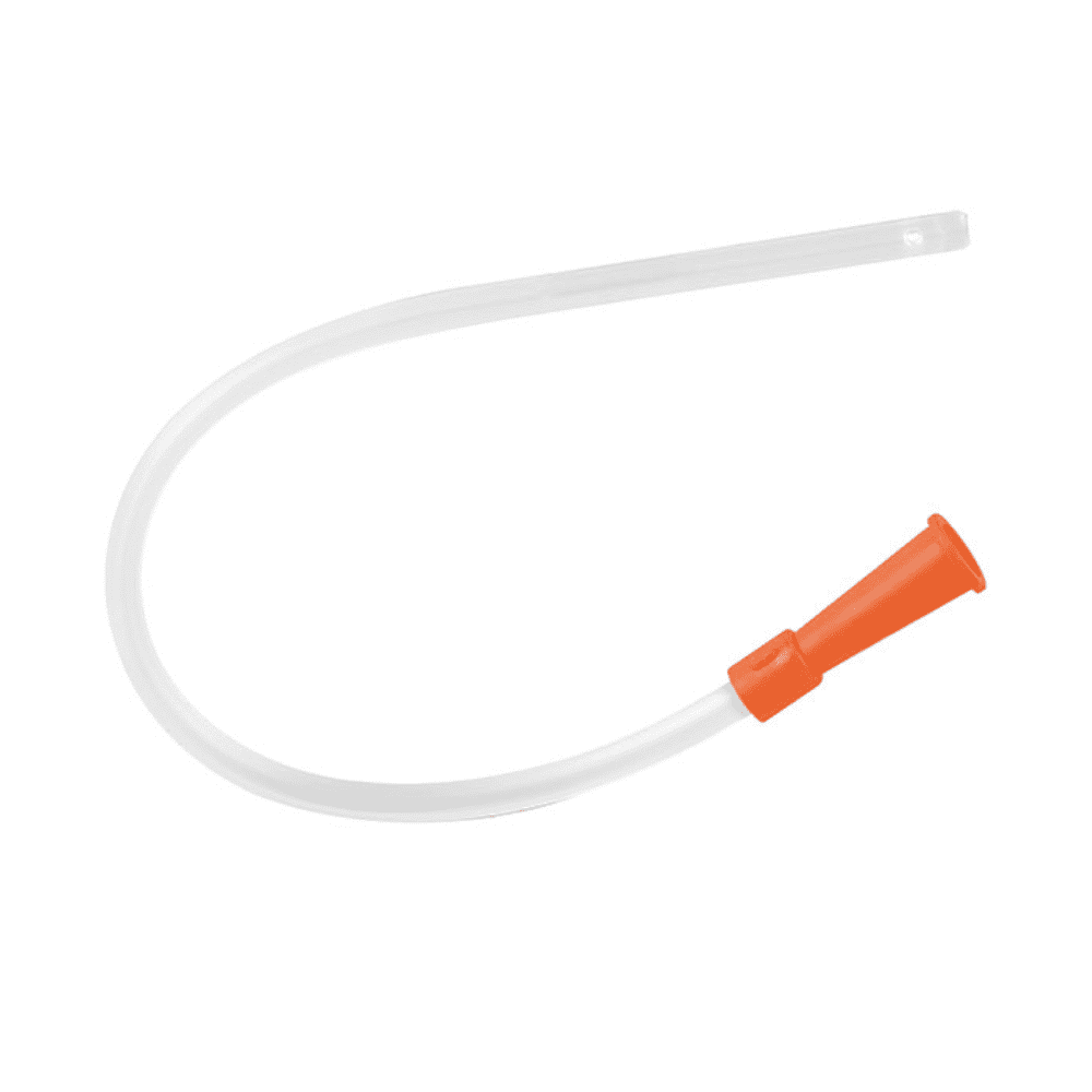 Der DCT Tracheostomie Katheter steril der Servoprax GmbH ist ein transparenter Kunststoffkatheter mit gebogener Form und einem orangefarbenen trichterförmigen Anschlussstück an einem Ende, wodurch er sich optimal für die Tracheostomie eignet. Die Packung enthält 50 Stück mit einer Länge von je 25 cm.