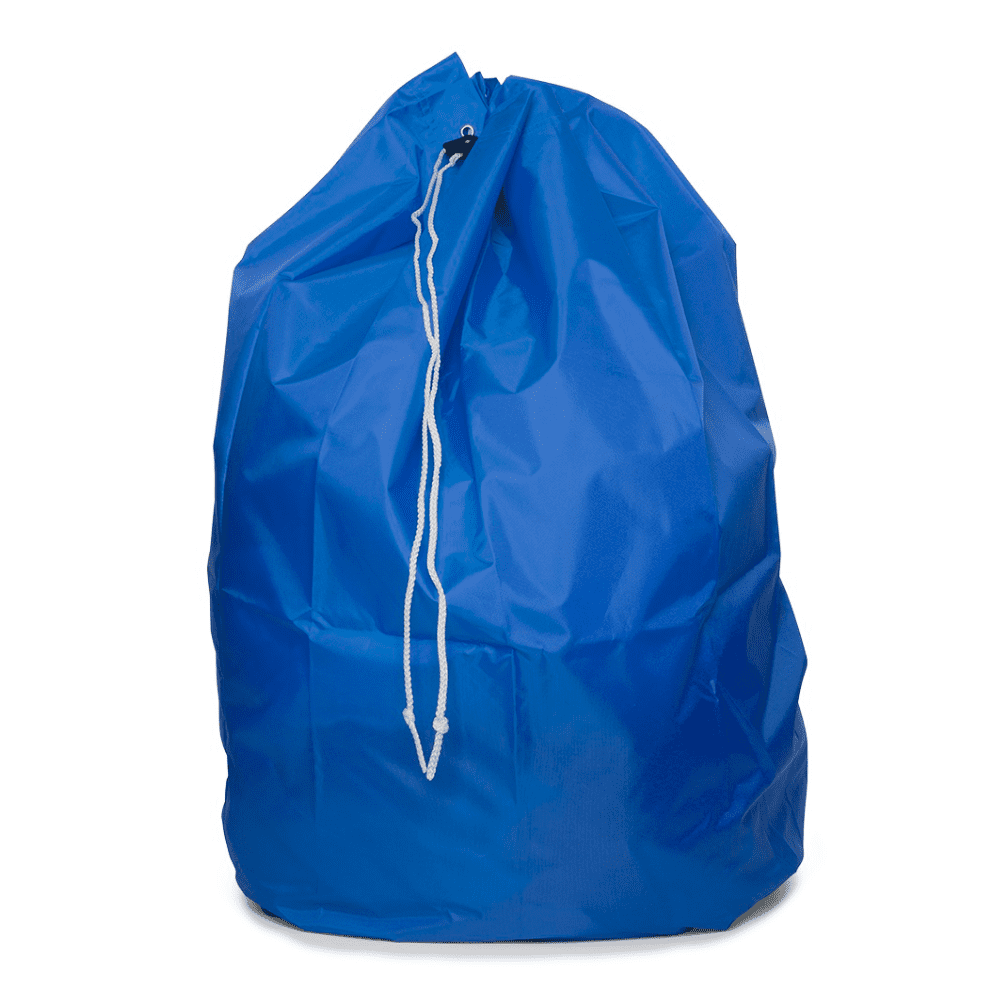 Ein DEISS Entsorgungssack mit PP-Kordel und Bodenschlaufe, 120 Liter, von EMIL DEISS KG (GmbH + Co.), in großem blauem Design aus strapazierfähigem Polyester, ist auf einem schlichten weißen Hintergrund abgebildet. Die Oberseite des Sacks ist mit einer robusten weißen Kordel sicher verschlossen.