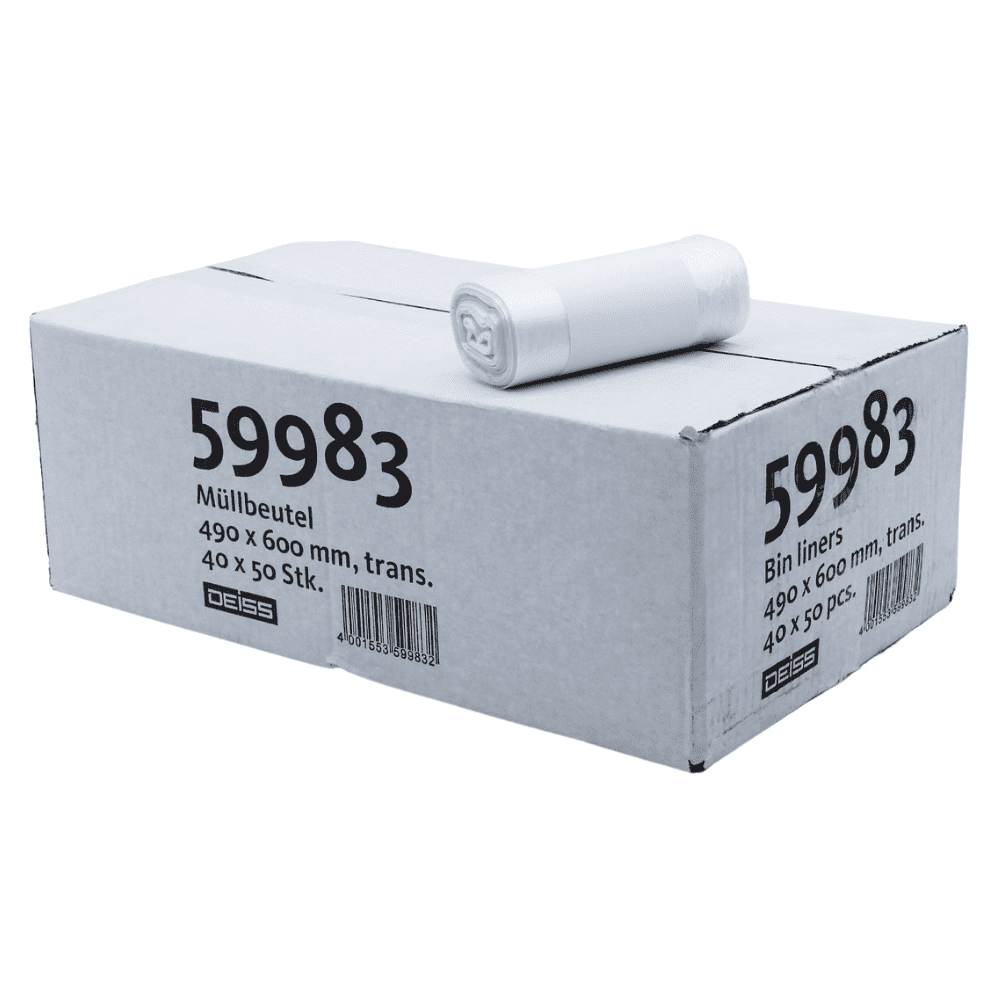 Ein Karton der Firma EMIL DEISS KG (GmbH + Co.) ist mit dem Produktcode „59983“ beschriftet und enthält DEISS Müllbeutel aus HDPE mit 30 Litern Fassungsvermögen und den Abmessungen 490 x 600 mm, die in Packungen zu 40 Rollen mit je 50 Stück verpackt und mit einem Barcode gekennzeichnet sind. Oben auf dem Karton liegt eine Rolle weißer Müllbeutel.