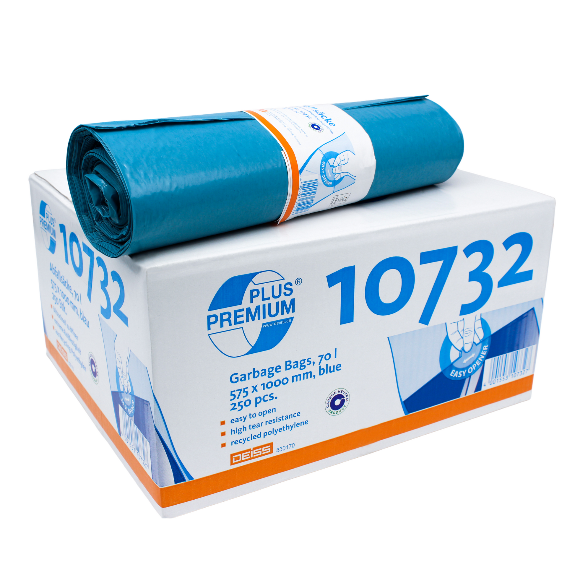 Eine Rolle blauer Müllsäcke liegt auf einem weißen Karton mit der Aufschrift „DEISS Premium Plus® 70 Liter Müllsack blau 10732“ der EMIL DEISS KG (GmbH + Co.). Der Karton hebt Merkmale wie leichtes Öffnen, hohe Reißfestigkeit und die Verwendung von Recycling-PE hervor. Im Inneren befinden sich 255 Stück klimaneutrale 70 Liter Müllsäcke.