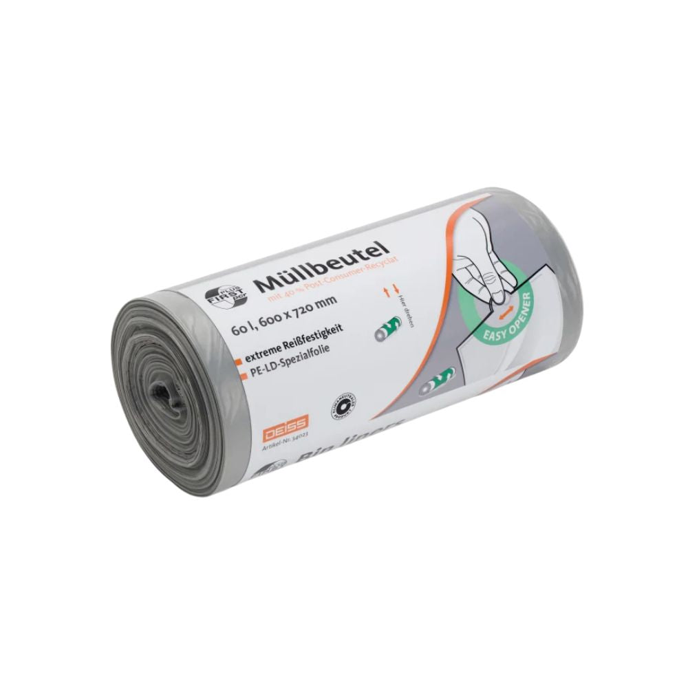 Der DEISS First Plus Pcr Müllbeutel 60 Liter, 34042 von EMIL DEISS KG (GmbH + Co.) ist eine Rolle grauer Müllbeutel aus LDPE-Material mit „extra reißfest“. Diese klimaneutral hergestellten Beutel verfügen über ein leicht zu öffnendes Design und haben ein Fassungsvermögen von 60 Litern.