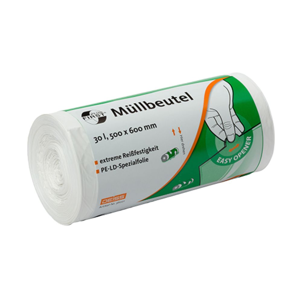 Eine Rolle DEISS First Plus® Müllbeutel 30 Liter, Premium-LDPE, Produktnummer 36021, von EMIL DEISS KG (GmbH + Co.), weist ein weißes LDPE-Design mit der Aufschrift „Müllbeutel“ in den Abmessungen 500 x 600 mm auf. Die Verpackung zeigt ein grün-weißes Motiv mit der Abbildung einer Hand, die den „Easy-Opener“-Mechanismus hervorhebt.