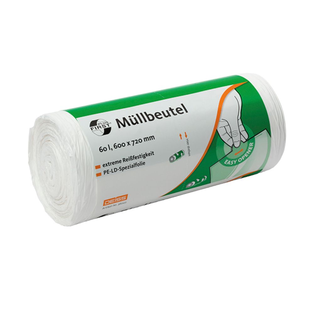 Eine Rolle weißer DEISS First Plus® Müllbeutel von EMIL DEISS KG (GmbH + Co.) mit einem Fassungsvermögen von 60 Litern und aus hochwertigem LDPE-Material gefertigt. Die Verpackung betont „extreme Reißfestigkeit“ und enthält eine Easy Opener-Grafik für zusätzlichen Komfort.