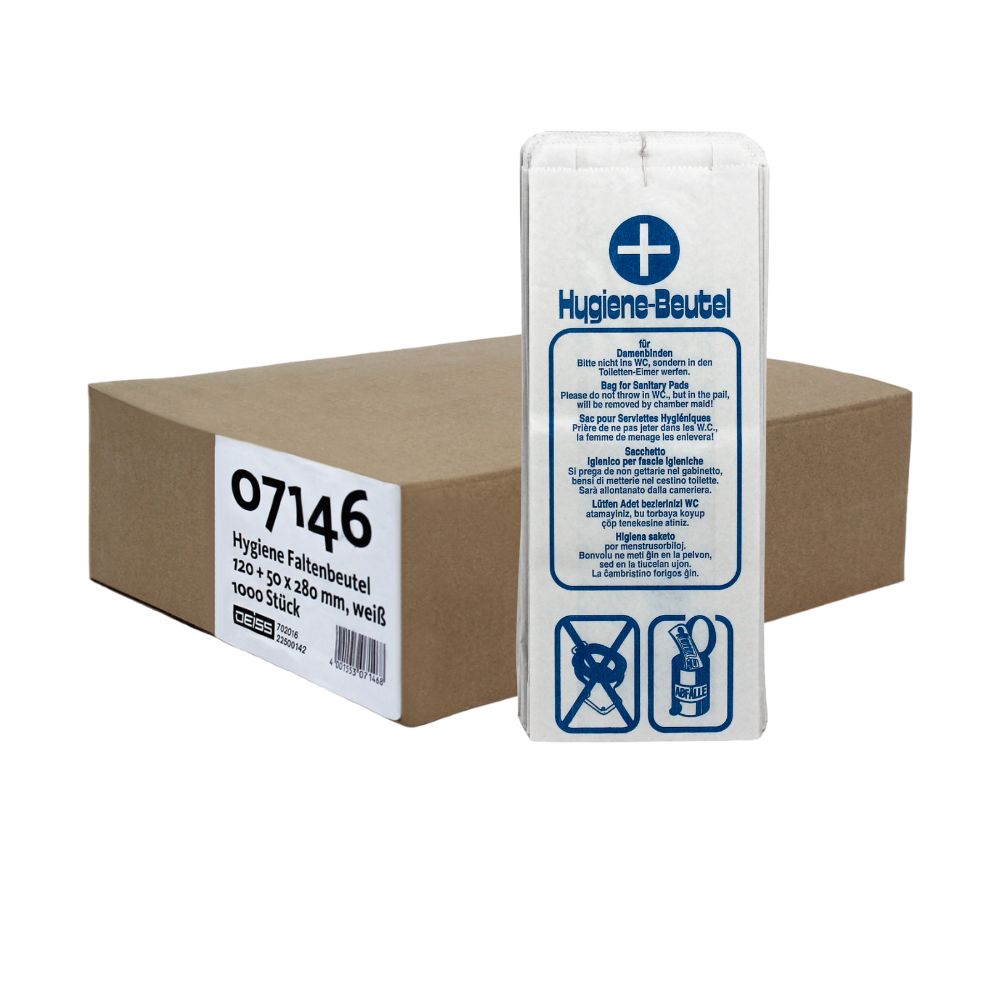 Der DEISS Hygienebeutel 07146 der Marke EMIL DEISS KG (GmbH + Co.) wird in einem Karton mit 1000 Stück Hygienebeuteln geliefert. Die weißen Beutel haben die Maße 120 x 320 mm und sind mit blauen Texten und Symbolen auf der Verpackung versehen, was sie perfekt für Damentoiletten macht.