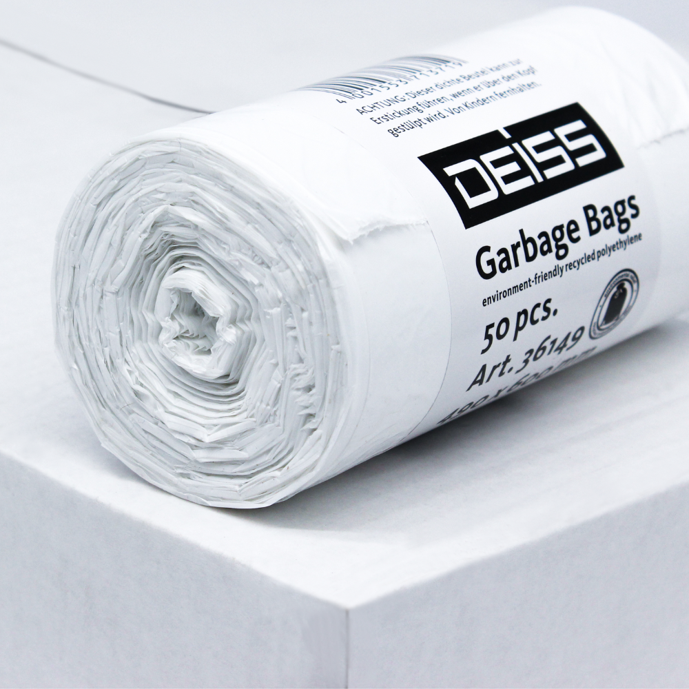 Eine Rolle DEISS LDPE Müllbeutel 30 Liter, mit der Marke EMIL DEISS KG (GmbH + Co.), einem Etikett mit der Mengenangabe von 50 Stück und auf weißem Untergrund präsentiert die umweltbewusste Recycling-LDPE-Folie aus umweltfreundlichem, recyceltem Polyethylen-Material.