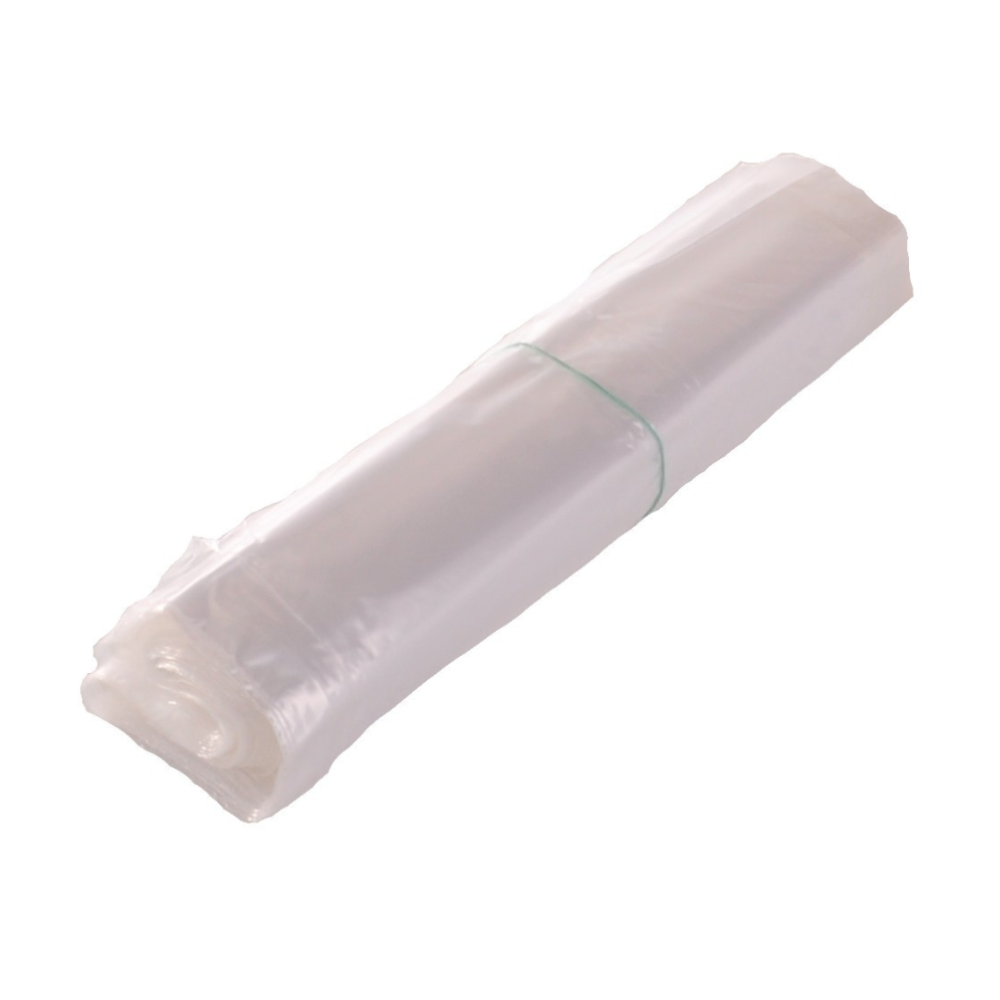 Eine horizontale Rolle des durchscheinenden DEISS LDPE-Müllbeutels 39502, 7 Liter, der EMIL DEISS KG (GmbH + Co.), befestigt mit einem grünen Gummiband auf weißem Hintergrund.