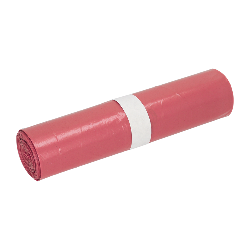 Eine Rolle DEISS Müllsäcke aus LDPE, 21770, 70 Liter, Typ 60 rot mit einer weißen Papierbanderole in der Mitte, hergestellt aus Recycling-LDPE von EMIL DEISS KG (GmbH + Co.), liegt auf einem schlichten weißen Untergrund.