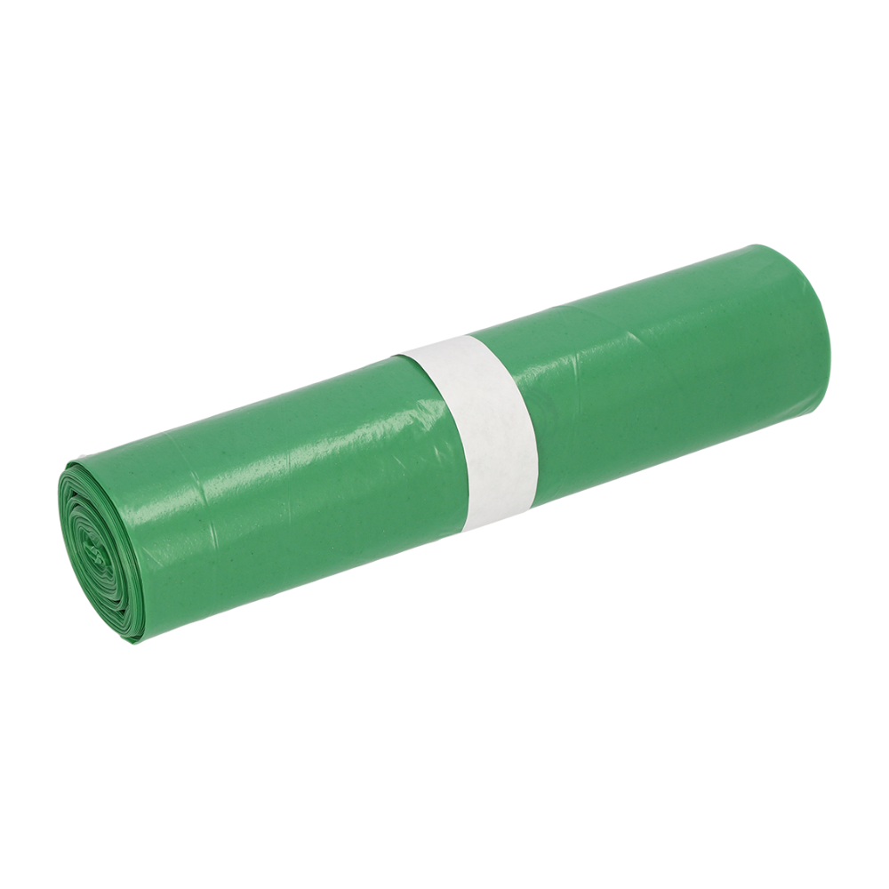 Ein aufgerollter Müllsäcke der Marke EMIL DEISS KG (GmbH + Co.), bekannt als DEISS Müllsäcke aus LDPE, 22711, in der Farbe grün mit einem Fassungsvermögen von 70 Litern, ist mit einer weißen Banderole aus Papier gesichert und vor einem schlichten weißen Hintergrund präsentiert.