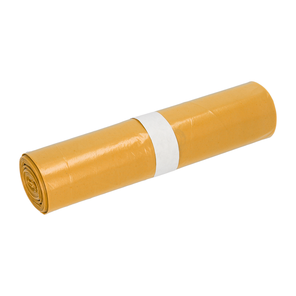 Eine Rolle gelber DEISS Müllsäcke der EMIL DEISS KG (GmbH + Co.), hergestellt aus nachhaltigem Recycling-LDPE, mit einer weißen Papierbanderole in der Mitte.